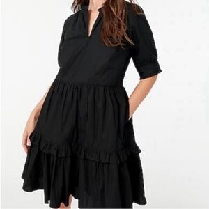 J Crew Ruffleneck Cotton Tiered Popover Dress XXS Black